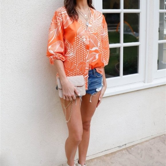 Boho Leaves Print Button Up Detail Top orange - Picture 2 of 5